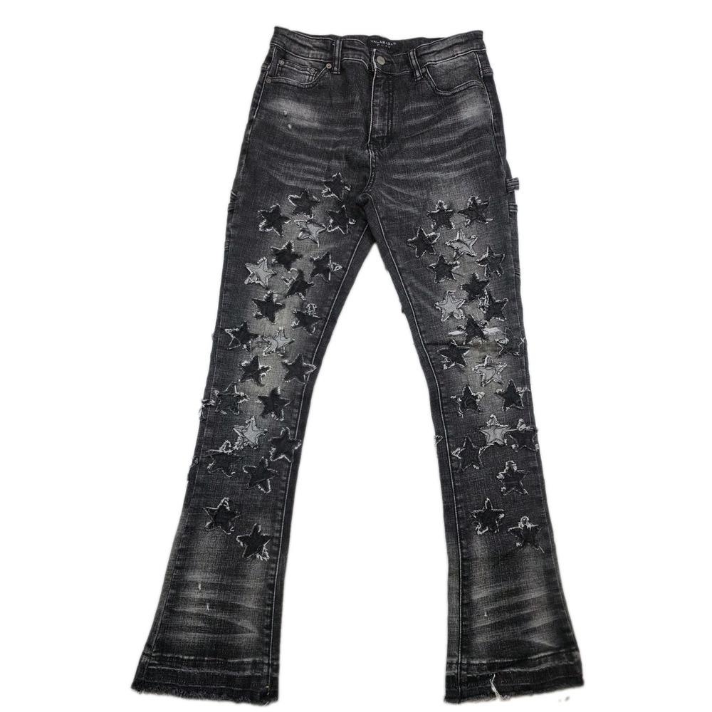 Valabasas Women's V-Star Stacked Flared Denim Jeans Frayed Size 18(28x31) Black